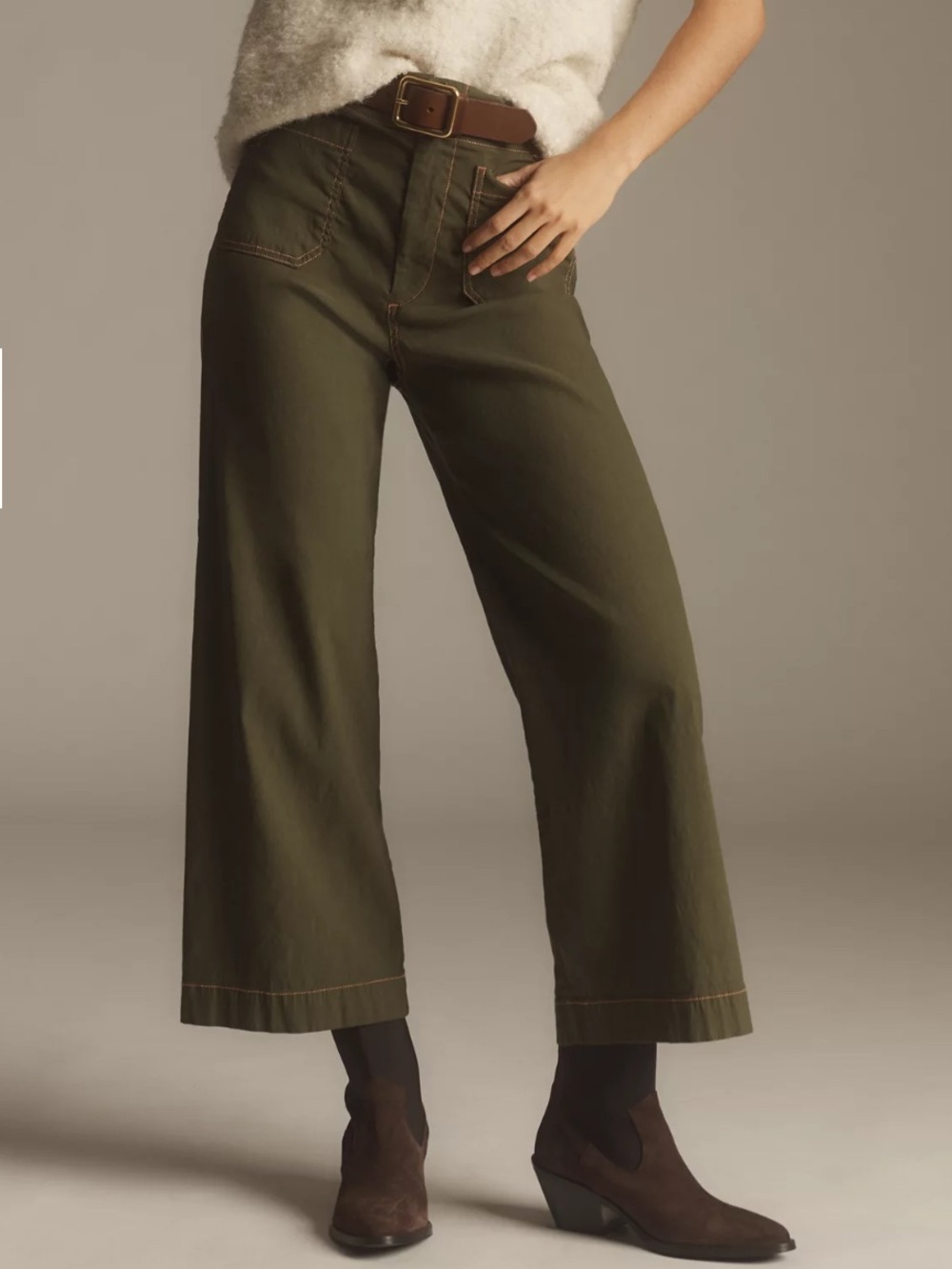 Maeve Colette Olive Wide-Leg Crop Pants Contrast Stitching 32 Fall Boho Minimal